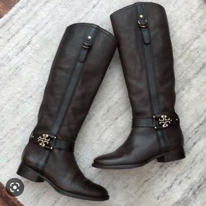 Tory Burch Elina Black Leather Riding Boot, Size 6.5, Black